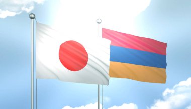 Japonya ve Ermenistan 'ın 3D Bayrağı Mavi Gökyüzünde Güneş Işığıyla