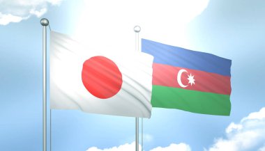 3D Japon Bayrağı ve Azerbaycan Mavi Gökyüzünde Güneş Işığıyla