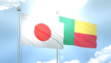 3D Japon Bayrağı ve Benin Mavi Gökte Güneş Işığıyla