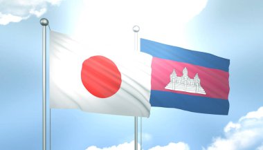 3D Japon Bayrağı ve Kamboçya Mavi Gök 'te Güneş Işığıyla