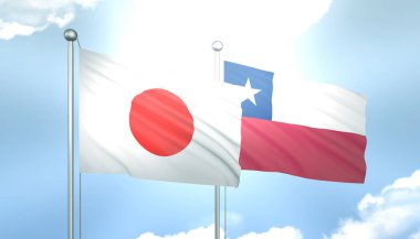 Japon ve Şili 'nin 3D Bayrağı Mavi Gökyüzünde Güneş Işığıyla