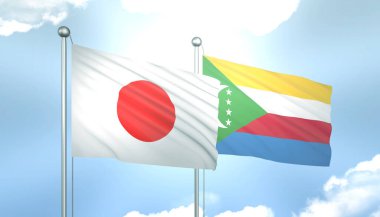 Japonya 'nın 3D Bayrağı ve Mavi Gökteki Komorolar Güneş Işığıyla