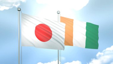 Japonya 'nın 3D Bayrağı ve Mavi Gökte Güneş Işığı Altında Cote Divoire