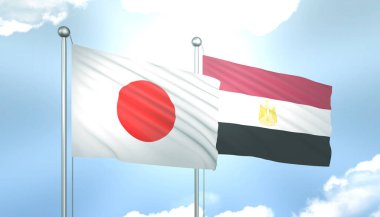 Japonya ve Mısır 'ın 3D Bayrağı Mavi Gökte Güneş Işığıyla