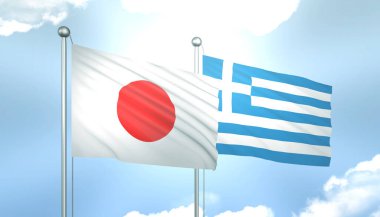 Japonya ve Yunanistan 'ın 3D Bayrağı Mavi Gökyüzünde Güneş Işığıyla