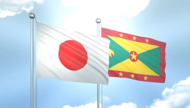 Japonya 'nın 3D Bayrağı ve Mavi Gökyüzünde Güneş Işığıyla Grenada