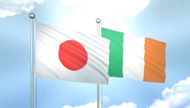 Japonya ve İrlanda 'nın 3D Bayrağı Mavi Gökte Güneş Işığıyla