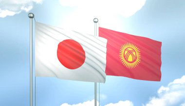 Japonya 'nın 3D Bayrağı ve Kırgızistan Mavi Gökyüzünde Güneş Işığıyla