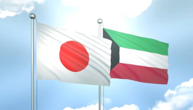 Japonya ve Kuveyt 'in 3D Bayrağı Mavi Gökte Güneş Işığıyla