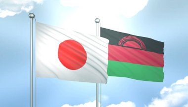 3D Japon Bayrağı ve Malawi Mavi Gökte Güneş Işığıyla