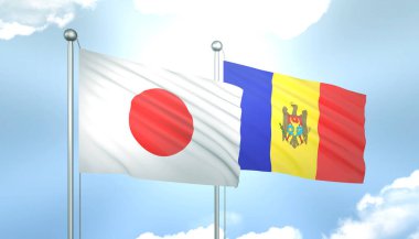 Japonya ve Moldova 'nın 3D Bayrağı Mavi Gökyüzünde Güneş Işığıyla