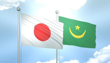 Japonya 'nın 3D Bayrağı ve Moritanya Mavi Gökyüzünde Güneş Işığıyla