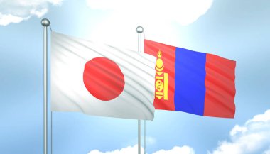 Japonya 'nın 3D Bayrağı ve Moğolistan Mavi Gökyüzünde Güneş Işığıyla