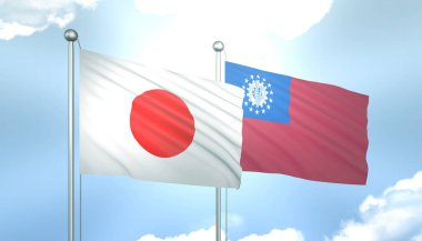 3D Japon Bayrağı ve Myanmar Mavi Gökyüzünde Güneş Işığıyla