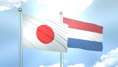 Japonya ve Hollanda 'nın 3D Bayrağı Mavi Gökyüzünde Güneş Işığıyla