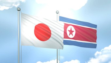 Japonya ve Kuzey Kore 'nin 3D Bayrağı Mavi Gökte Güneş Işığıyla