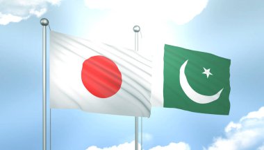 Japon ve Pakistan 'ın 3D Bayrağı Mavi Gök' te Güneş Işığıyla