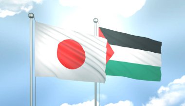 3D Japon ve Filistin Bayrağı Mavi Gökte Güneş Işığıyla