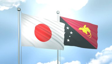 Japonya 'nın 3D Bayrağı ve Mavi Gökyüzünde Papua Yeni Gine Güneş Işığıyla
