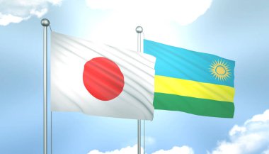 3D Japon Bayrağı ve Ruanda Mavi Gökyüzünde Güneş Işığıyla