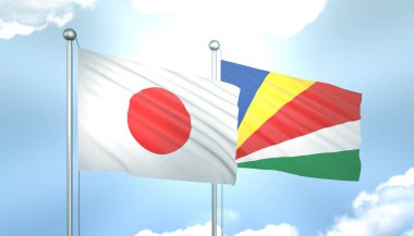 3D Japon Bayrağı ve Seyşeller Mavi Gökyüzünde Güneş Işığıyla