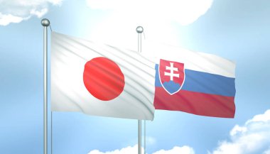 3D Japon Bayrağı ve Slovakya Mavi Gökyüzünde Güneş Işığıyla