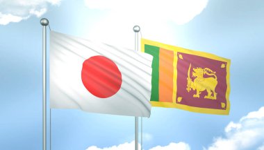 3D Japon Bayrağı ve Sri Lanka Mavi Gökyüzünde Güneş Işığıyla