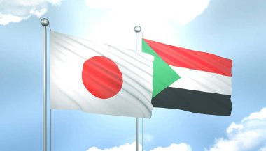 Japonya ve Sudan 'ın 3D Bayrağı Mavi Gökyüzünde Güneş Işığıyla
