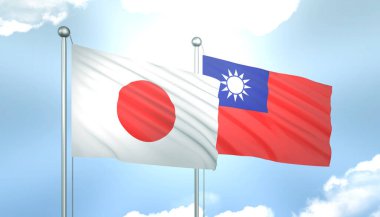 Japonya ve Tayvan 'ın 3D Bayrağı Mavi Gökyüzünde Güneş Işığıyla