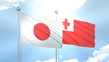 Japonya 'nın 3D Bayrağı ve Tonga Mavi Gökyüzünde Güneş Işığıyla