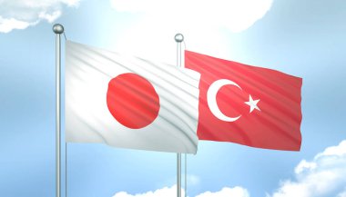 Japonya ve Türkiye 'nin 3D Bayrağı Mavi Gökyüzünde Güneş Işığıyla