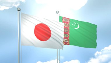 Japon ve Türkmenistan 'ın 3D Bayrağı Mavi Gökyüzünde Güneş Işığıyla