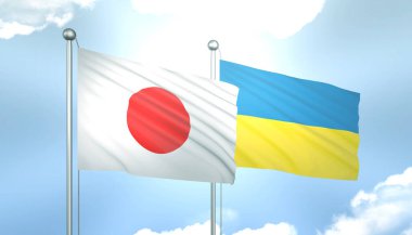 Japonya ve Ukrayna 'nın 3D Bayrağı Mavi Gökyüzünde Güneş Işığıyla