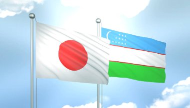 Japonya ve Özbekistan 'ın 3D Bayrağı Mavi Gökyüzünde Güneş Işığıyla