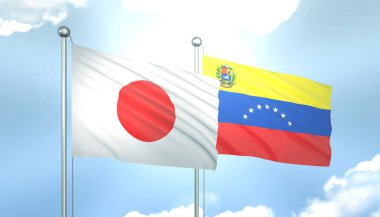 3D Japon Bayrağı ve Venezuela Mavi Gökyüzünde Güneş Işığıyla