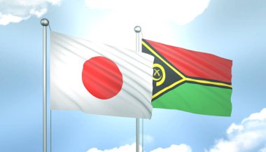 3D Japon Bayrağı ve Vanuatu Mavi Gök 'te Güneş Işığıyla
