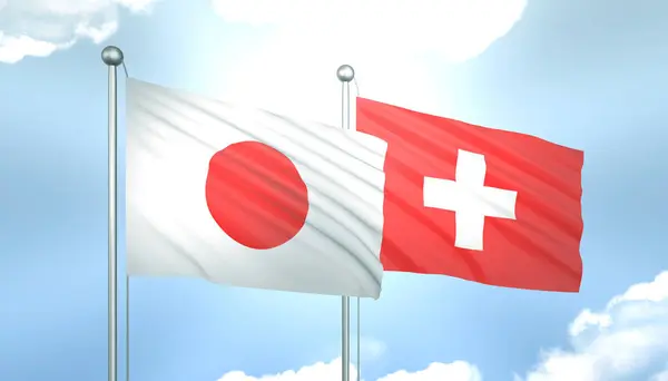 3D Flag of Japan and Switzerland on Blue Sky with Sun Shine