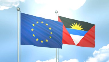 3D Flag of European Union and Antigua and Barbuda on Blue Sky with Sun Shine clipart