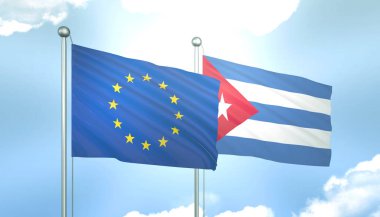 Avrupa Birliği 'nin 3D Bayrağı ve Mavi Gökyüzünde Güneş Işığıyla Küba