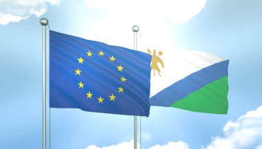 Avrupa Birliği 'nin 3D Bayrağı ve Mavi Gökyüzünde Güneş Işığıyla Lesotho