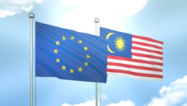 Avrupa Birliği ve Malezya 'nın 3D Bayrağı Mavi Gökyüzünde Güneş Işığıyla