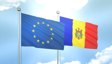 Avrupa Birliği 'nin 3D Bayrağı ve Mavi Gökyüzünde Güneş Işığıyla Moldova