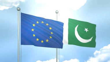 Avrupa Birliği ve Pakistan 'ın 3D Bayrağı Mavi Gökyüzünde Güneş Işığıyla