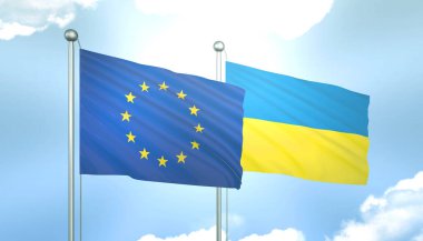 Avrupa Birliği 'nin 3D Bayrağı ve Mavi Gökte Güneş Işığı Altında Ukrayna