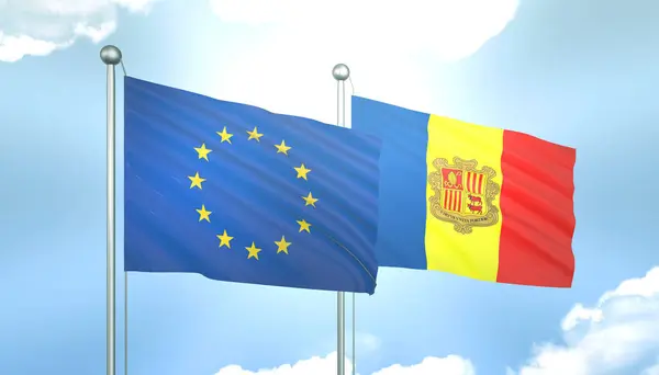 Vlag Van Europese Unie Andorra Blauwe Lucht Met Zonneschijn Rechtenvrije Stockafbeeldingen