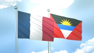 3D Flag of France and Antigua Barbuda on Blue Sky with Sun Shine clipart