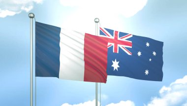 Fransa ve Avustralya 'nın 3D Bayrağı Mavi Gökyüzünde Güneş Işığıyla