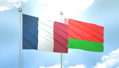 Fransa ve Beyaz Rusya 'nın 3D Bayrağı Mavi Gökyüzünde Güneş Işığıyla