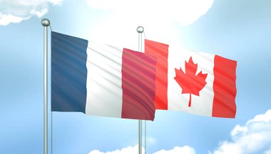 Fransa ve Kanada 'nın 3D Bayrağı Mavi Gökte Güneş Işığıyla