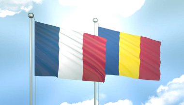 Fransa 'nın 3D Bayrağı ve Çad Mavi Gökyüzünde Güneş Işığıyla